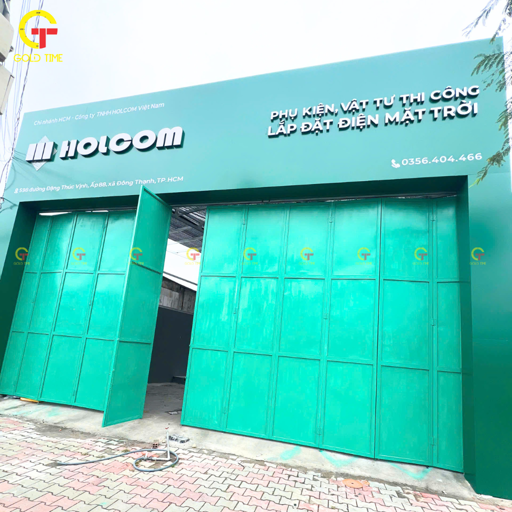 thi công bảng hiệu công ty HOLCOM tại TP.HCM hoàn thiện mặt tiền