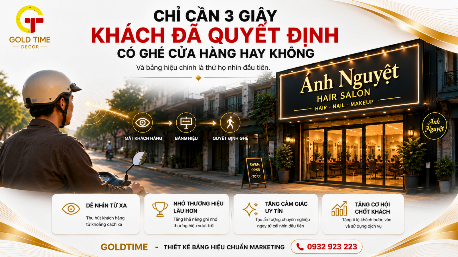 So sánh bảng hiệu salon tóc trước và sau khi nâng cấp giúp tăng khả năng thu hút khách hàng và nhận diện thương hiệu.